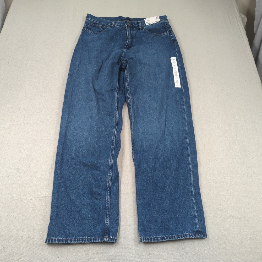 Uniqlo Jeans Womens 32 Blue Wide Straight Stretch Baggy Relaxed Casual